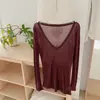 Blusa Base de Manga Larga para Mujer, Otoño e Invierno, de Seda y Lana, Cuello en V y Redondo, Protector Solar, Ligera, Adelgazante, Agradable para la Piel, Hombro Normal