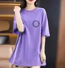 E-commerce Transfronteiriço~Camiseta Feminina Manga Curta de Corte de Etiqueta de Alta Qualidade Redutora de Idade Solta Tamanho Grande Comprimento Médio Manga Três Quartos Camiseta Camada Base