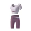 Conjunto de Ropa Deportiva para Mujer de Cinco Puntos para Yoga con Cintura Bloqueada por Color, Almohadilla en el Pecho, Top de Manga Corta, Conjunto de Dos Piezas para Correr y Fitness