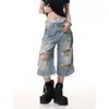 Shorts jeans estilo retrô americano, com lavagem desgastada, rasgos e orelhas de gato, calças cropped estilosas de corte A, modelo solto, novidade da moda para o outono