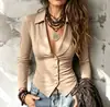 2026 Moda Femenina Elegante de Color Sólido con Botones, Manga Larga, Cuello Turn-Down, Camisa/Top para el Sitio Independiente Europeo y Americano Transfronterizo de Amazon