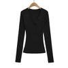 7660-25 Novo Estilo Outono Estilo Coreano Menina Estilo Puro Desejo Confortável Tencel Sexy Gola V Profunda Botões Manga Longa Camiseta
