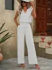 Conjunto Casual Verão 2026 Transfronteiriço Amazon Cor Sólida Sem Mangas Decote V Top Solto + Calça de Cintura com Amarração Wide-Leg