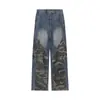 Ropa Vintage Otoño 2025 Nuevo Streetwear Americano Lavado Vintage Camuflaje Patchwork Rectos de Pierna Ancha Pantalones de Mezclilla