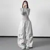 Calça cargo feminina cor damasco, novo estilo primavera/outono 2025, plissada, retrô americano, casual, solta, calça longa de perna larga oversized