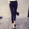 Calça Cropped Elástica Versátil Preta com Fenda Slim Fit Leggings Forradas com Lã Outono e Inverno Calça Skinny Reta de Cintura Alta Feminina