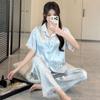 Pijama de Encaje Hielo Seda Mujer Verano Nuevo Sentido de Alta Gama Estilo Chino Flor Manga Corta Pantalones Ropa de Casa Venta al por Mayor