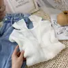 Cardigã Tricotado com Babados Suaves, Manga Longa, Seda Gelada, Proteção Solar para Mulheres, Peça Externa Curta para Primavera e Verão, Botões de Pérola, Jaqueta Fina para Ar Condicionado