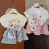 Conjunto de Dos Piezas de Verano Nuevo Estilo Coreano para Niñas, Dulce, Dibujos Animados, Manga Corta, Falda a Cuadros, Versátil, Elegante, Cuello Redondo, Moderno