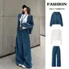 Conjunto deportivo y casual azul de corte relajado, que incluye una sudadera, pantalones y una chaqueta, para mujer, de estilo coreano, perfecto para otoño