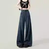 Jeans Azul Escuro Wide Leg Outono e Inverno Versátil Diário Feminino 2024 Novo Casual Cintura Alta Solto Modelador Cintura Alta