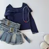 Top de Manga Larga Corta de Color Sólido Estilo Coreano Nuevo Otoño 2026 para Niñas, Delgado, Cuello con Lazo, Hombros Descubiertos, Cuello Cuadrado, Elegante