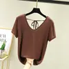 Camiseta Casual de Modal Feminina Verão Nova Estilo Coreano Slim Fit Costas Abertas Decote V Manga Curta Camisa Básica plus size Top Interno