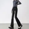 Jeans acampanados negros y grises para mujer, nuevo estilo de otoño, talla grande, de cintura alta, elásticos, adelgazantes, adecuados para cuerpo tipo pera