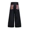 3322 Jeans Masculino Solto Baggy Retrô Americano High Street Unissex Original Cor Denim Bloqueio de Cores Patchwork Design em Couro