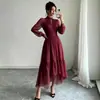 Moda femenina europea y americana transfronteriza Amazon primavera-verano elegante cuello semi-alto gasa manga larga vestido de hada