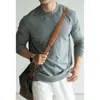Camiseta Masculina Manga Longa Casual Base Layer 2026 Outono/Inverno com Gola Pequena/Média Canelada e Textura de Tricô de Lã e Seda