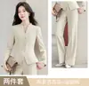Venta al por mayor transfronteriza de conjunto de dos piezas para mujer nuevo de otoño e invierno, chaqueta de traje profesional marrón de manga larga con cuello en V y pantalones de pierna ancha