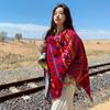 Capa de fotos de viaje, chal grande para mujer, otoño e invierno, protector solar, bufanda con capucha, chaqueta de punto étnica roja