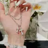 Collar de Doble Cruz con Diamantes y Rubíes Incrustados de Lujo Ligero Retro de Alta Calidad, Cadena para Clavícula de Diseño de Moda Antigua Media Versátil