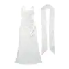 Comércio Exterior Transfronteiriço Estilo Europeu e Americano Elegante Vestido de Alta Qualidade Vestido Longo com Detalhes de Fita Vestido com Cintura de Amarração Plissada