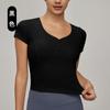 Camiseta de ioga slim-fit transfronteiriça feminina, cinto, almofada no peito, linha princesa, cintura justa, esportiva, manga curta, gola em forma de coração, top fitness justo