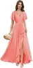 Vestido de dama de honor de gasa con escote en V y manga acampanada, estilo europeo y americano, con cintura plisada y abertura, vestido largo formal para fiesta de boda