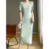 Vestido Largo Casual de Punto para Mujer Primavera/Verano 2026, Delgado, Cuello en U, Color Sólido, Manga Corta, para Viajar, Seda de Hielo, Perlas Rizadas, Manga Corta, Hasta la Rodilla
