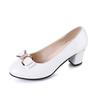 Sapatos de Salto Alto com Strass Femininos 2025 Outono Novo Bico Redondo Boca Rasa Sapatilhas com Laço Salto Grosso Versátil Profissional Sapatos Femininos