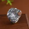 Rey Ciervo Dorado 999 Plata Pura Vintage Hecho a Mano Incrustado en Oro Zorro de Nueve Colas Anillo Ancho Diseño Personalizado Anillo para Dedo Índice para Mujeres