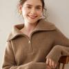 Tricô de Cashmere Espessado Solto Casual Zíper Gola Simples Cor Pura Listras Verticais Outono e Inverno Novo Tricô de Cashmere para Mulheres