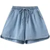 Foto real de shorts retos de seda gelada emagrecedores para mulheres plus size, shorts jeans largos e finos de cintura alta para o verão, feitos de Tencel