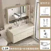 Juego de gabinete de baño de madera maciza multicapa estilo crema con lavabo y lavamanos integrado