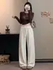 Otoño 2026 Nuevos Pantalones de Pierna Ancha con Adorno de Encaje Cintura Alta Caída Suaves Lisos Rectos Casuales Holgados Blanco Crudo Largos