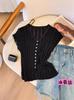 Camiseta feminina de malha de seda gelada Hollow Pit, estilo francês, elegante, decote em V, manga curta, fivela, cardigan
