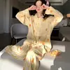 Pijama de Ursinha Listrado Doce Estilo Japonês Cardigã de Lapela Dupla Conjunto Longo Primavera e Outono Roupa de Dormir para Dormitório Estudantil