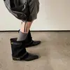 Botas de Couro Bovino de Primeira Camada para Mulheres, Botas de Cano Médio, Novo Estilo Outono e Inverno, Bico Quadrado de Couro Genuíno, Salto Médio, Botas de Cano Reto com Patchwork de Camurça para Mulheres