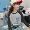 Estilo Coreano Mistura de Lã Raglan Manga Longa Casual Camada Base Top Outono Inverno Meninas Fashionável Doce Estiloso Desenho Animado Gola Redonda Camiseta
