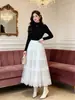 Falda Larga de Malla con Adorno de Encaje Suave Estilo Francés, Tiro Alto, Dobladillo Amplio, Falda Larga de Línea A con Volantes, Nuevo Estilo de Otoño