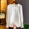 Moda 2024 elegante nueva camisa de seda china para mujer principios de primavera con hebilla de cuentas caladas jacquard de manga larga para mujer