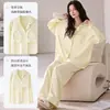 En stock, listo para enviar (con copas) pijama de algodón de manga larga y pantalón largo para mujer, conjunto de dos piezas tipo cárdigan, ropa de casa para mujer para transmisiones en vivo
