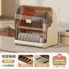 Estante de almacenamiento de plástico a prueba de polvo con tapa abatible para gabinetes de cocina transfronterizo, escurridor para el hogar, caja de almacenamiento para platos y utensilios