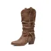 Botas Ocidentais de Cano Médio com Borla de Corda Trançada Empilhadas para Mulheres, Salto Grosso, Bico Fino, Estilo Vintage Europeu e Americano, Botas de Moda Cowboy Slip-On