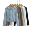 Sudadera con capucha de manga larga, color liso, corte ajustado, estilo europeo y americano para mujer, estilo callejero 2026, top corto de cintura alta, adelgazante