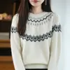 Suéter de manga larga para mujer, capa base Fair Isle, nuevo otoño e invierno, lana pura, retro, cuello redondo, tejido de punto, jacquard, año