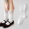 Meias de bezerro marrom melardo para mulheres, meias brancas empilhadas, algodão puro para primavera e outono, meias compridas da moda com acabamento em renda para botas