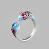 Anillo Vintage de Plata Tailandesa S990 para Mujer, Tendencia Nacional de Esmalte, Resina, Tendencia de Peces Pequeños, Estilo Antiguo con Peces Cada Año Anillo Abierto