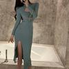 Vestido Largo Sexy de Manga Larga con Escote y Abertura, Estilo Cangrejo de Cinco Puntas, Estilo Europeo y Americano, Corte Ajustado, Favorecedor, Moderno