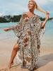 Camisa de Protección Solar para Playa Estilo Europeo y Americano Gris-Marrón Estampada Tejida al Frente Vestido para Vacaciones en la Costa Cubre Bikini