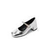 Tão lindos ~ Sapatos Mary Jane de pele de cabra com blocos de cores e corrente de pérolas, primavera 2024, sapatos de couro legítimo com salto médio grosso e bico quadrado para mulheres